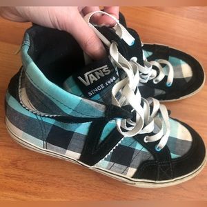 Vans off the wall high hi tops black blue white plaid sneakers women MISSY Sz 4